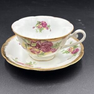 Porcelain Tea Cup and Saucer 20th Century Hand Painted Gold Trim Pink Rose